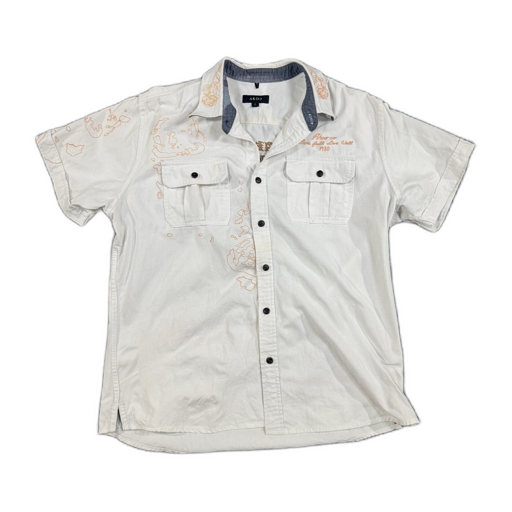AKOO Mens Linen Blend Short Sleeve Shark Embroidered Button Up Shirt White Large